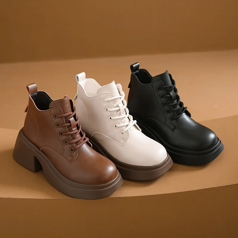 New Women Platform Boots Autumn Winter Short Boots for Women Retro Handmade Ankle Boots Lace Up Womens Wedges Boot Botas Mujer