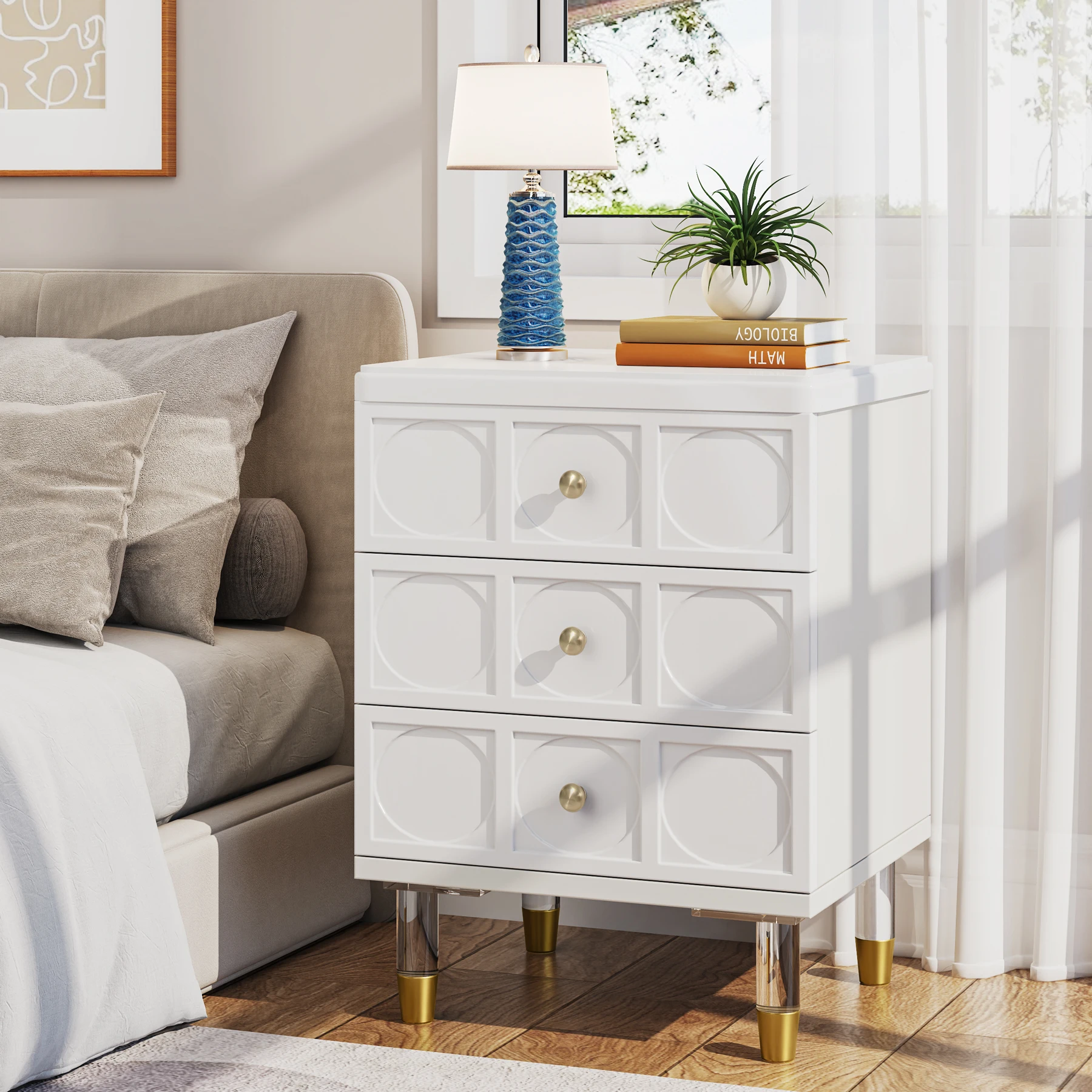 Tribesigns 3-Drawer Nightstand Tall White and Gold Bedside Table with Drawers, Versatile Modern White Night Stand with Storage