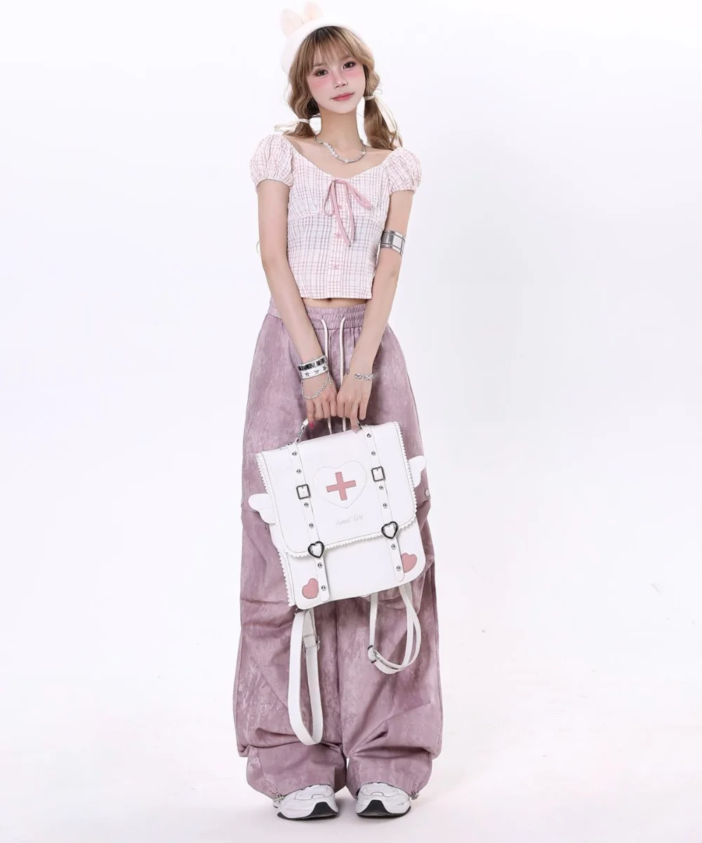 2024 Summer New Fashion All-Match Casual Pants Women Loose Slim Elastic Waist Pink Wide-Leg Pants Student Mop Pants Trousers