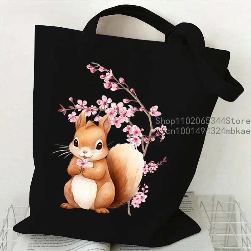 Cute Cherry Blossom Squirrel Print Women Men Shoulder Bags Teenager Cartoon Animal Fashion Trend Travel Beach Bag Female Handbag