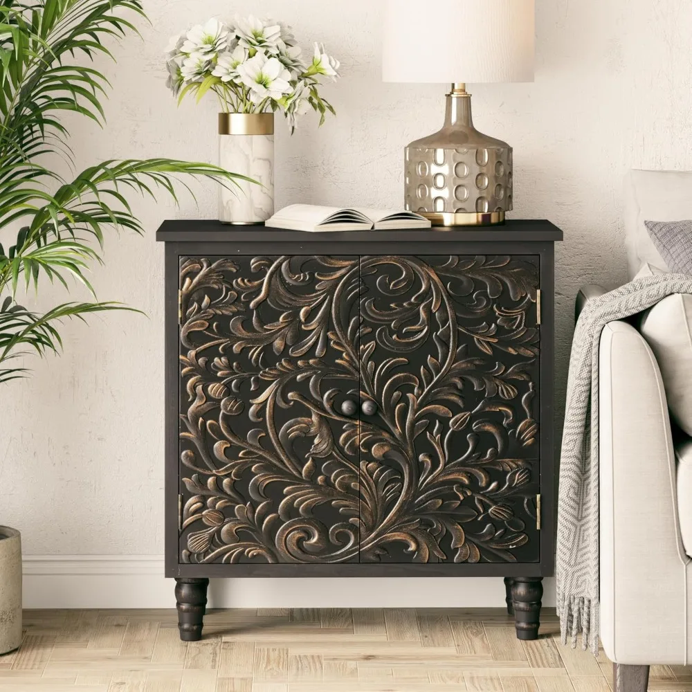

LONYKE 2 Door Farmhouse Storage Cabinet with Embossed Distressed Flower Motif, Vintage Side Table for Living Room, Bedroom, Boho