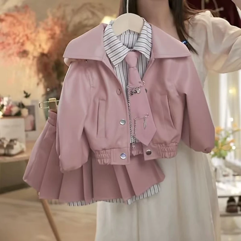 

Girls' Autumn/winter 2025 New Fashionable Casual Leather Jacket and Pleated Skirt Two-piece Set