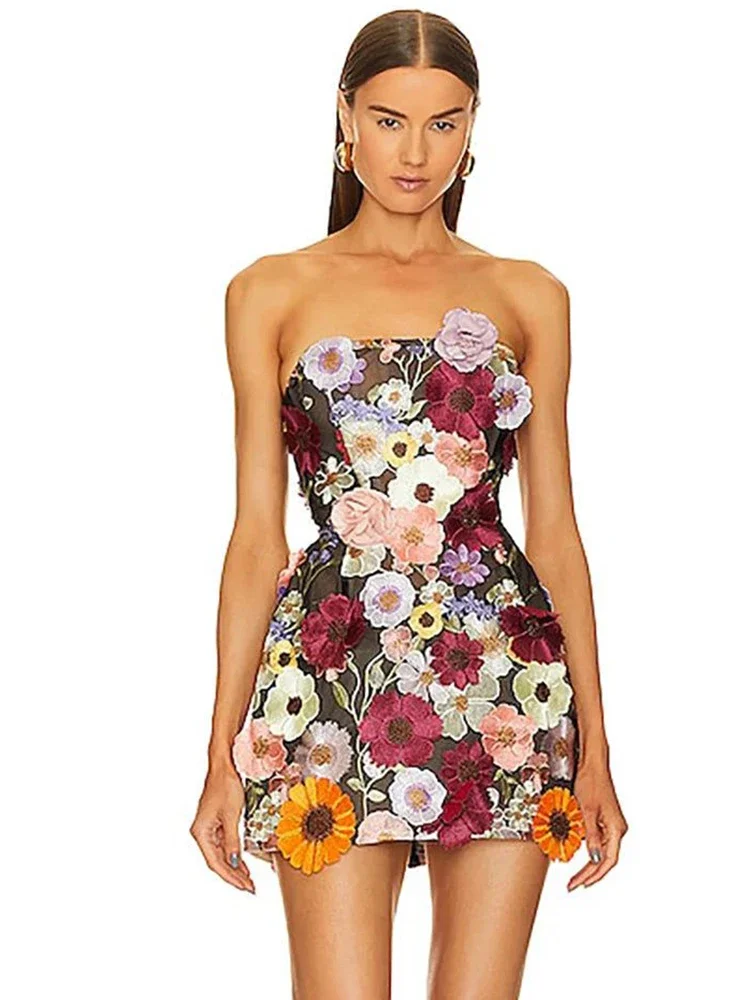 

GPBD New Colorful Florals Women Sexy Strapless Bodycon Mini Dress Celebrate Fashion Birthday Homecoming Party Outfit Vestido