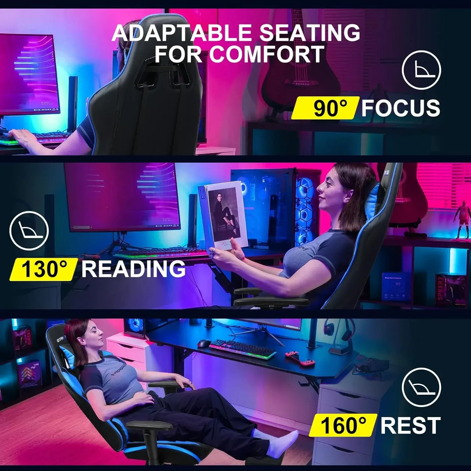 Gaming Chair with Footrest, Ergonomic Computer Game Desk Chair, Reclining Gamer Chair Seat Height Adjustment, Swivel