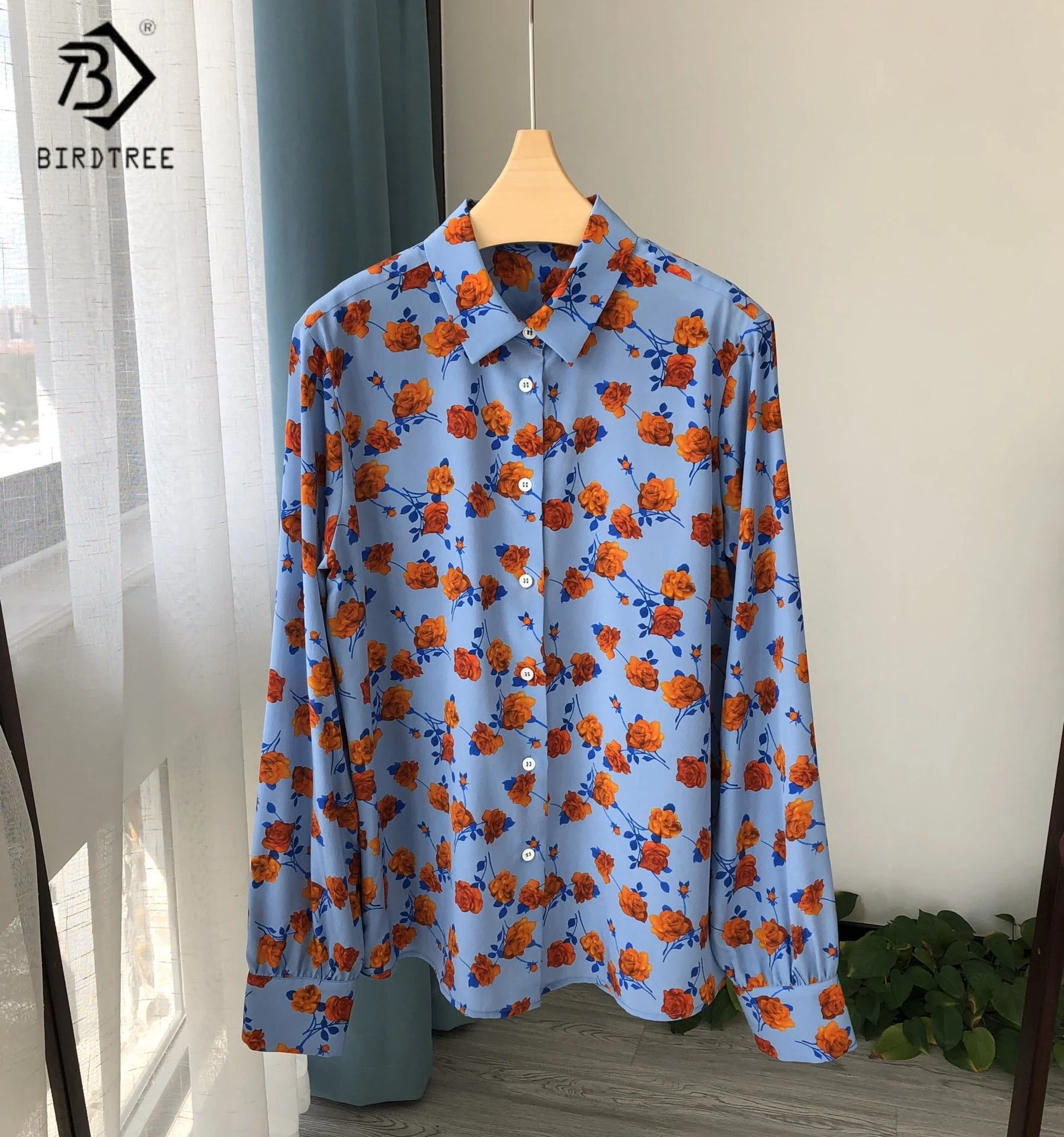 

BirdTree 18MM 100% Mulberry Silk Shirts,Women's Sand Washed Floral Print Blouses,Floral Long Sleeves 2025 Summer AutumnT54508JF