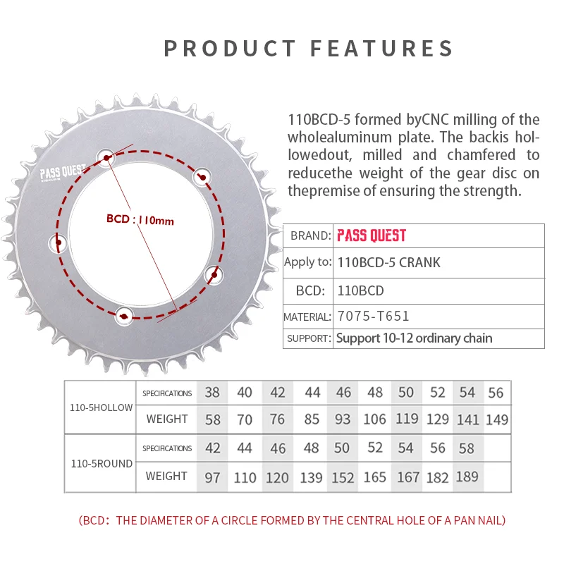 Close Disc Silver For 3550 APEX RED Light Weight 110BCD-5 Round Chainring Road Bicycle Chain Wheel 42T/44T/46T/48T/50T/52T