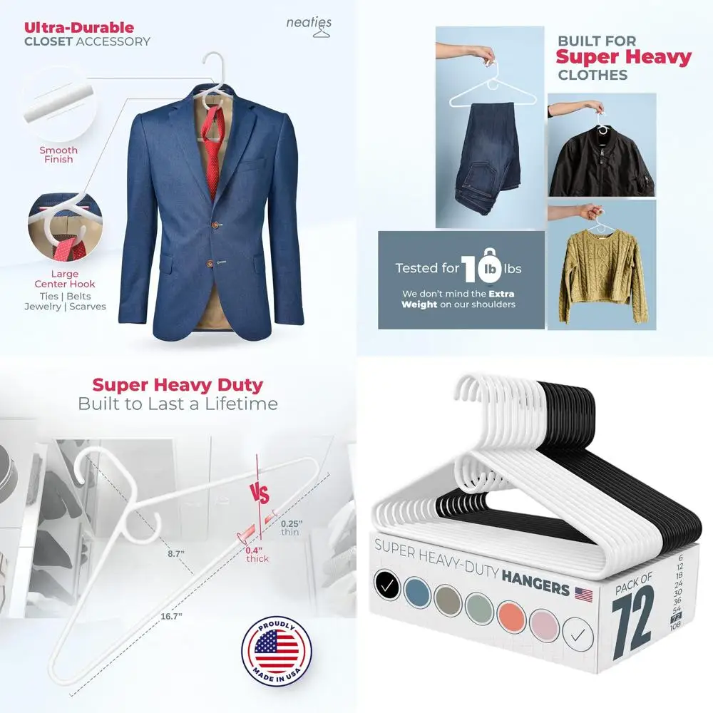 

Набор из 72 прочных пластиковых вешалок - усиленные для пальто, джинсов, одежды для взрослых - белые и черные