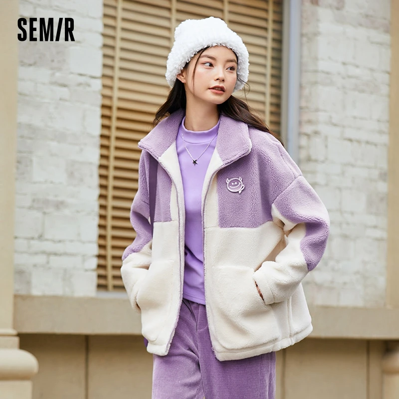 Semir Coat Women Mid-Length Oversize Imitation Lamb Wool Lettering Sweet Cool Winter Stand-Up Collar Color Matching Casual Coat