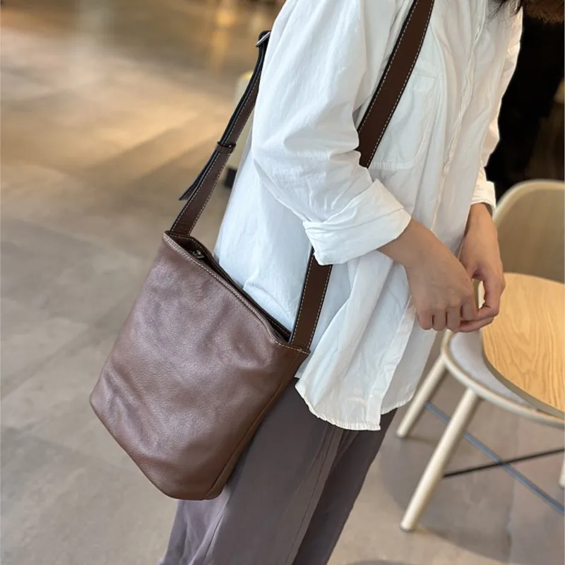 Johnature Simple Genuine Leather Women Shoulder & Crossbody Bags 2024 New Versatile Natural Real Cowhide Solid Color Bags