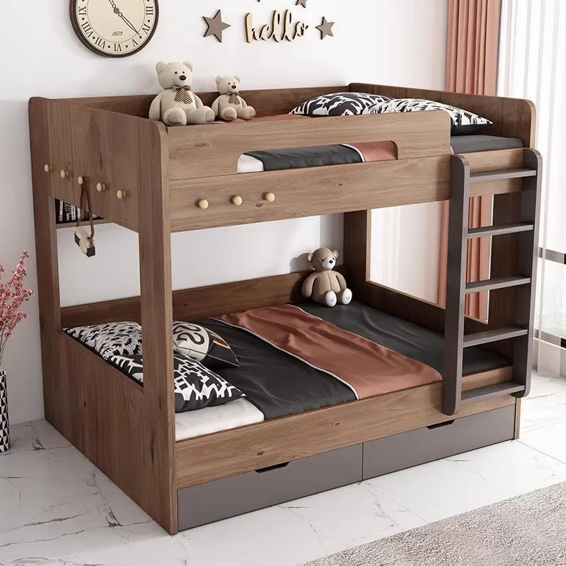 Modern simple high and low bed upper and lower beds, double-layer log mother and child beds with the same width, Nordic 0.9 mete