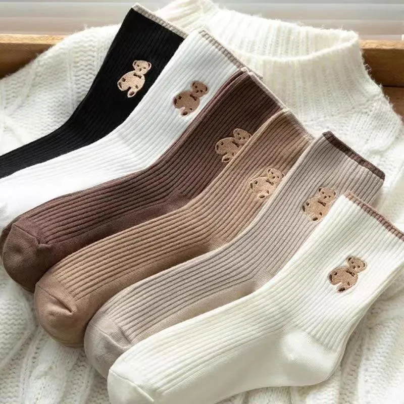 

5 Pairs Soft Mid-calf Cotton Socks Autumn Winter Coffee Kawaii Women Socks Korean Casual Women Hosiery Cute Cartoon Bear Socks