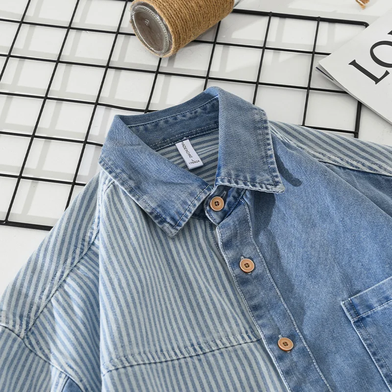 Cotton Casual Denim Shirts for Men Fashion Striped Patchwork Short Sleeve Shirt Man Loose Large Size Button-up Shirt