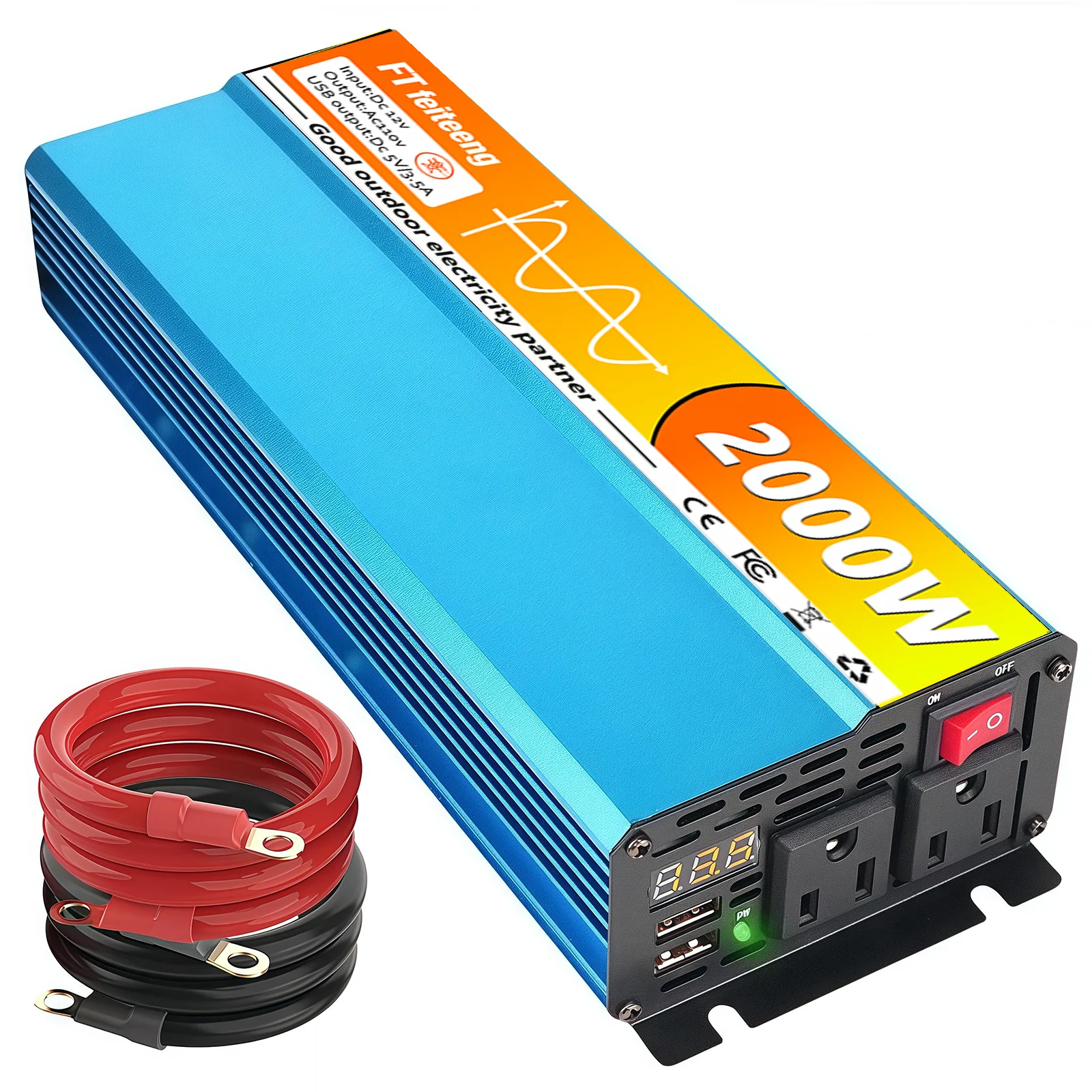 2000 واط 1500 واط موجة جيبية نقية عاكس الطاقة 12 فولت إلى 110 فولت التيار المتناوب لشاحنة RV للسيارة ، مع شاشة LED منافذ التيار المتردد المزدوج منفذ USB #2