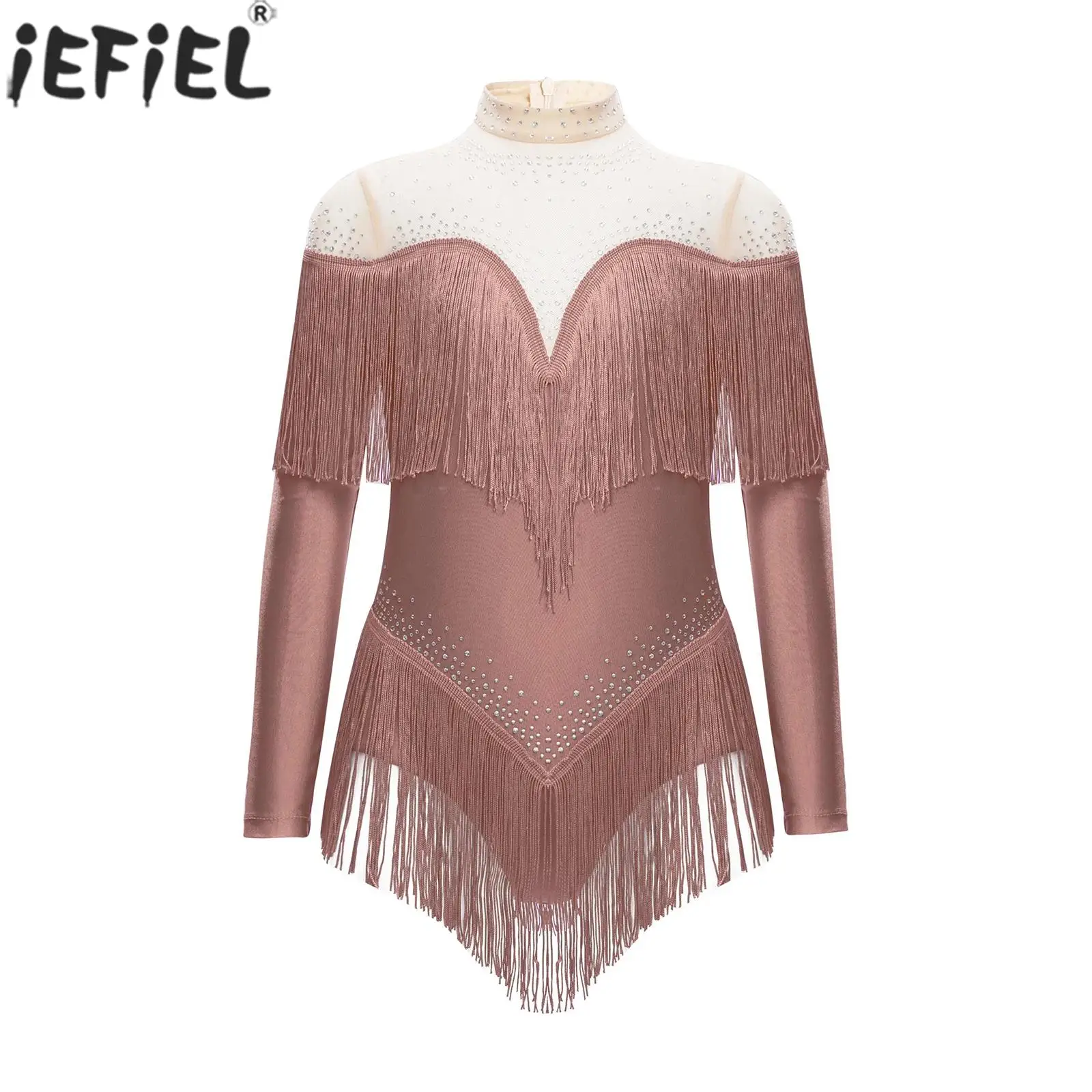 

Children Girls Latin Dance Leotard Dress Long Sleeve Rhinestones Sheer Mesh Tassels Figure Skating Cha-cha Samba Tango Bodysuit