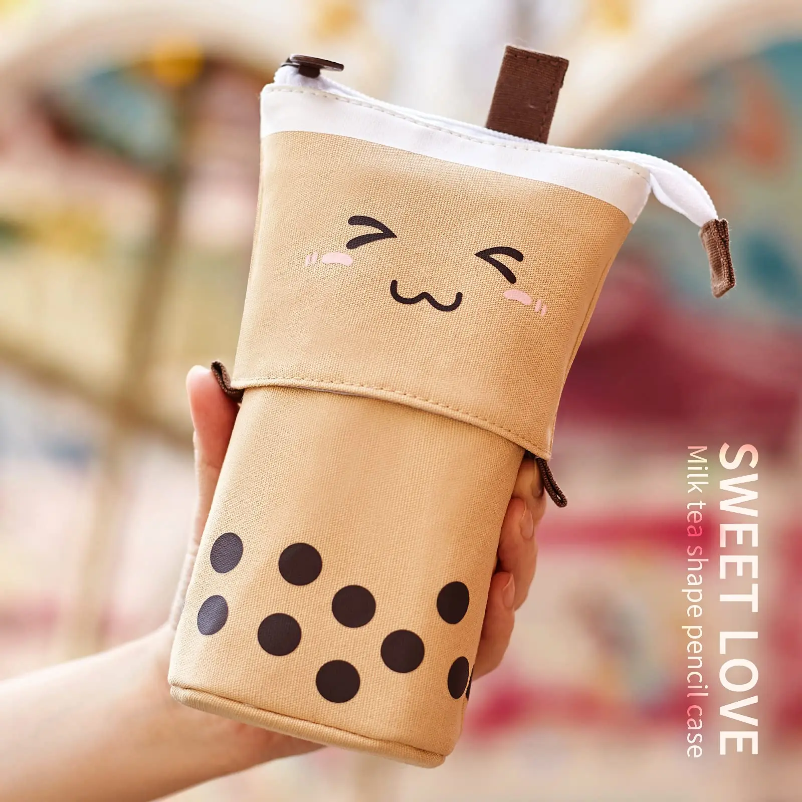 Standing Milk Tea Pencil Case, Cute Telescopic Pen Holder, Students Stationery Pouch, Pen Box for School, Office Supplies Bag