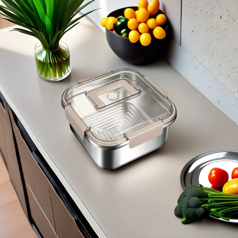 

304 Stainless Steel Handle Lunch Box Food Grade Refrigerator Storage Box Microwave Household Large Capacity Sealed Picnic Box