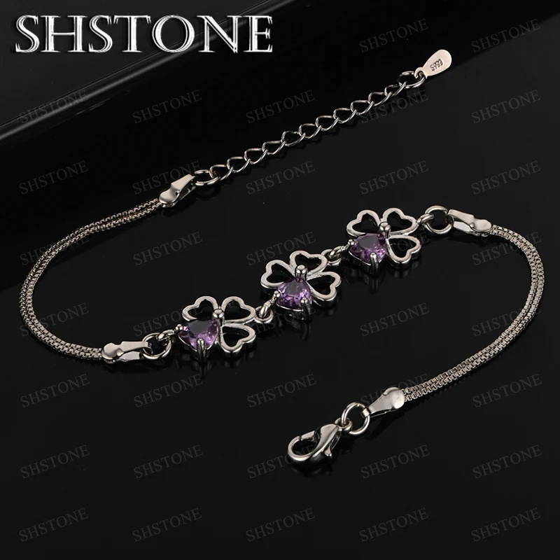 

Фиолетовый циркон, стерлинговое серебро 925 пробы, браслет с четырьмя листами клевера для женщин, вечерние свадебные аксессуары, высокие ювелирные изделия, подарок на годовщину