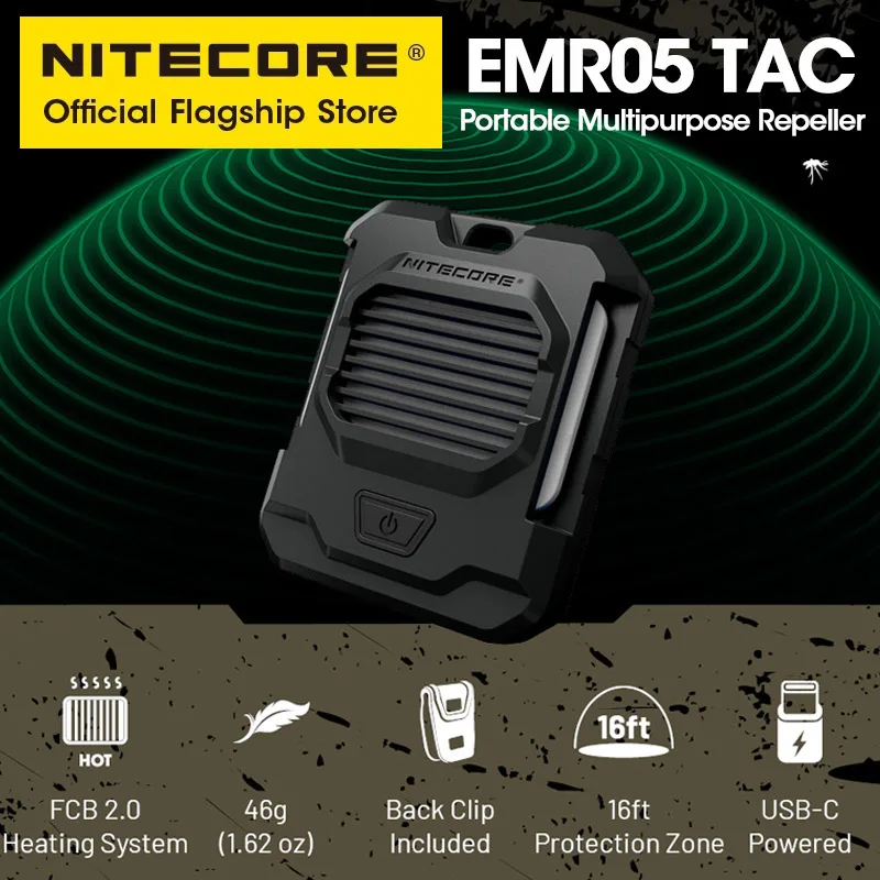 

NITECORE EMR05 TAC Portable Multipurpose Repeller USB-C Powered 46g with bag Clip for Summer Sleep Camping Trekking Walk The Dog