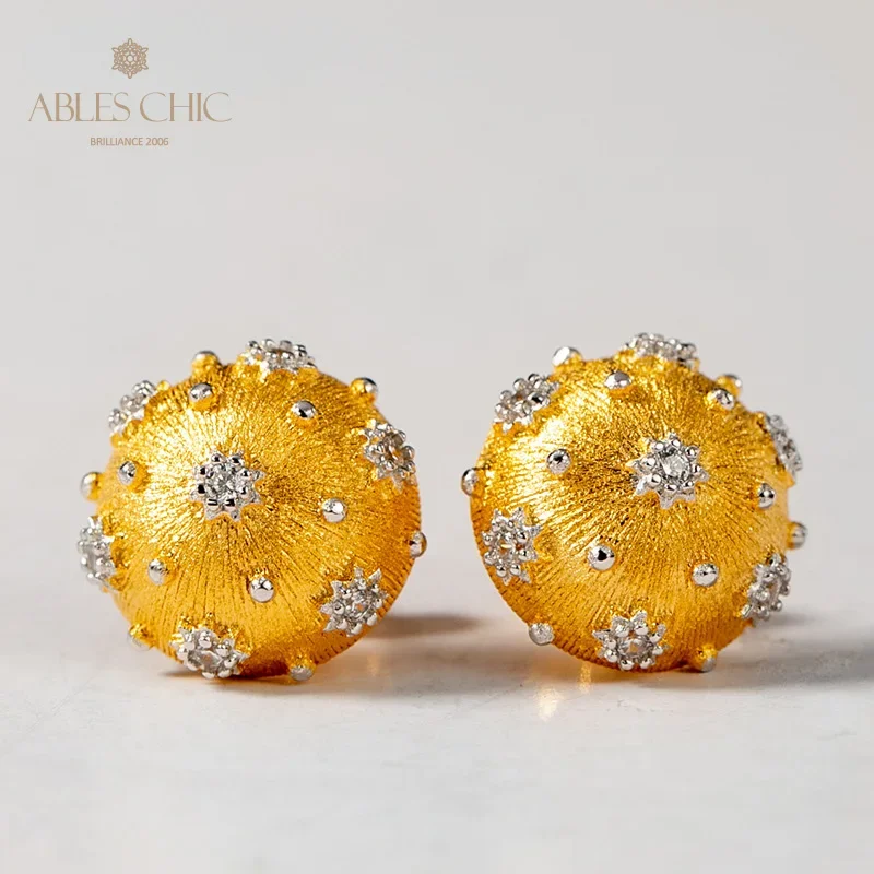 

ABLES CHIC Gold Starry Dome Zircon Classic Earrings 925 Silver Brushed Silk Engraved Star Vintage Green CZ Stone Studs Premium