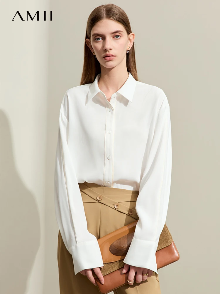 AMII Minimalism Women Shirt 2024 Spring New Commuter Lapel Straight Chiffon Long-sleeved Solid Shirts & Blouses Female 12421007