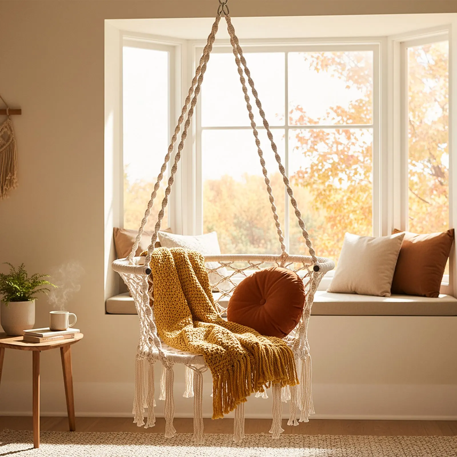 

Hammock Chair, Knitted Macrame Swing w/Cotton Rope, Sturdy Metal Frame, 350 lbs Weight Capacity, Hanging Chair for Indoor