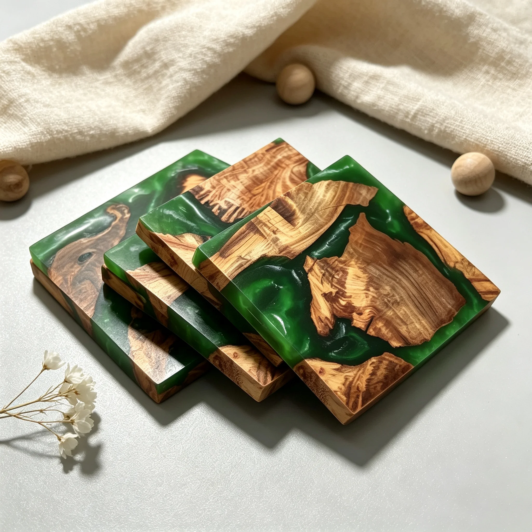 Jaswehome 4pcs Square Green River Epoxy Resin Wood Coaster Set Heat Resistant Drink Cup Mat Table Protector Coffee Tea Coasters