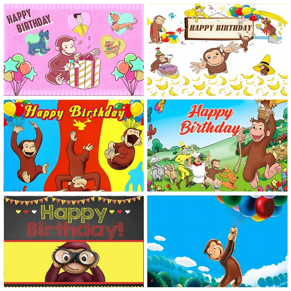 Curious George Monkey Birthday Backdrop with Photo Booth Props for Kids Party Decorations Custom Background Baby Shower Gift