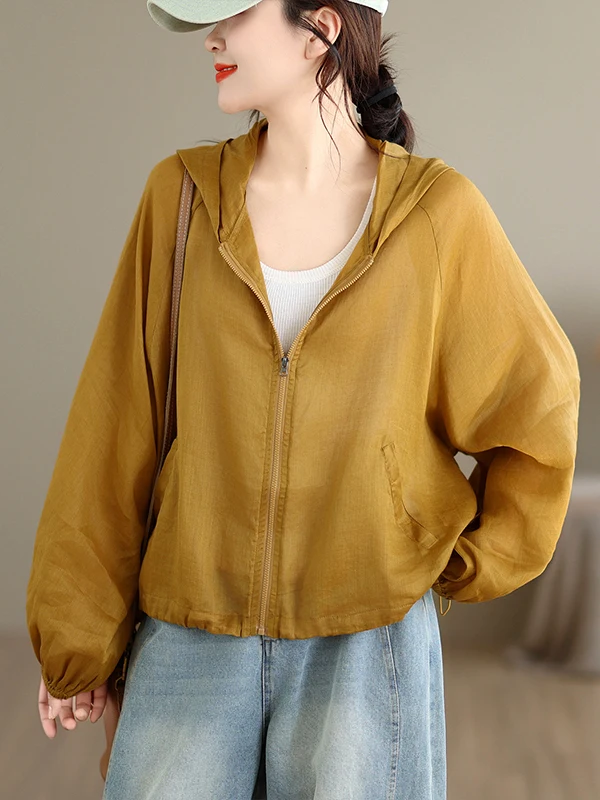 

Retro Zipper Hooded Shirt Jacket Women's Summer Thin Loose Slimming Long Sleeve Sun Protection Open Cardigan Top