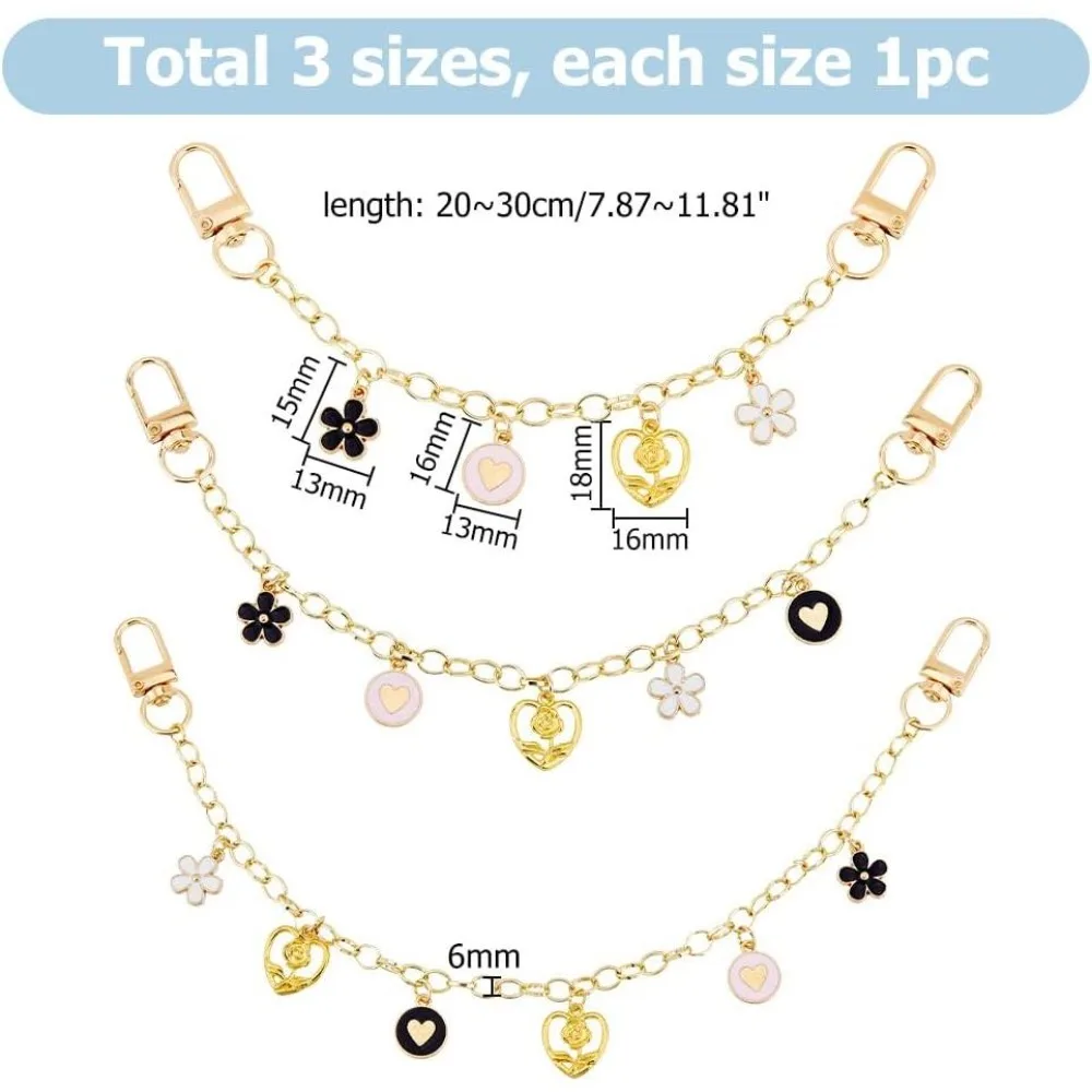 3Pcs Gold Decorative Bag Chain 3 Sizes Replacement Extension Bags Chain Purse Chains with Flower Heart Enamel Pendant