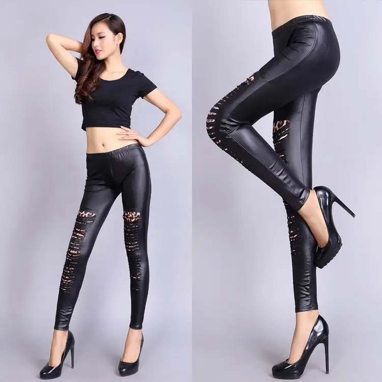 

Брюки-кюлоты оверсайз из искусственной кожи с эффектом рванности, укороченные, из полиэфирного волокна, для женщин, без бренда