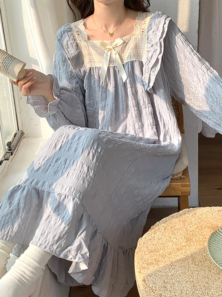 

Spring Medium-Length Women's Long-Sve plus Size Nightgown Blue Sweet Knot Lace Trim Spwear Dr Polyester Fiber