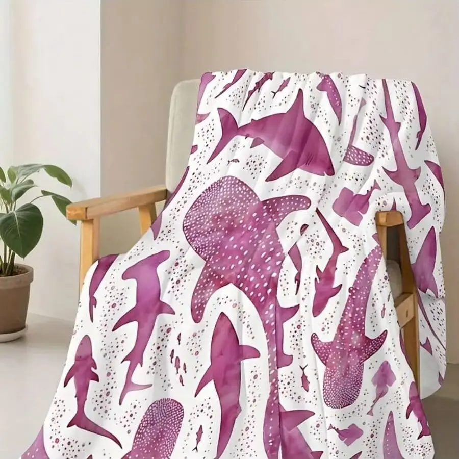 Watercolor Shark Flannel Blanket Soft Throw Purple Pink Plaid Cozy Warm Fleece Blanket for Couch Bed Travel Gift Women Kids