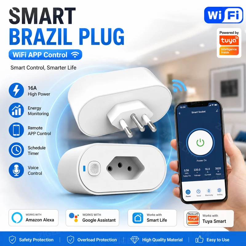 Brazil Standard 16A WiFi Smart Plug Outlet Built-in Power Consumption Monitor Timing Switch Smart Life APP Remote Voice Control