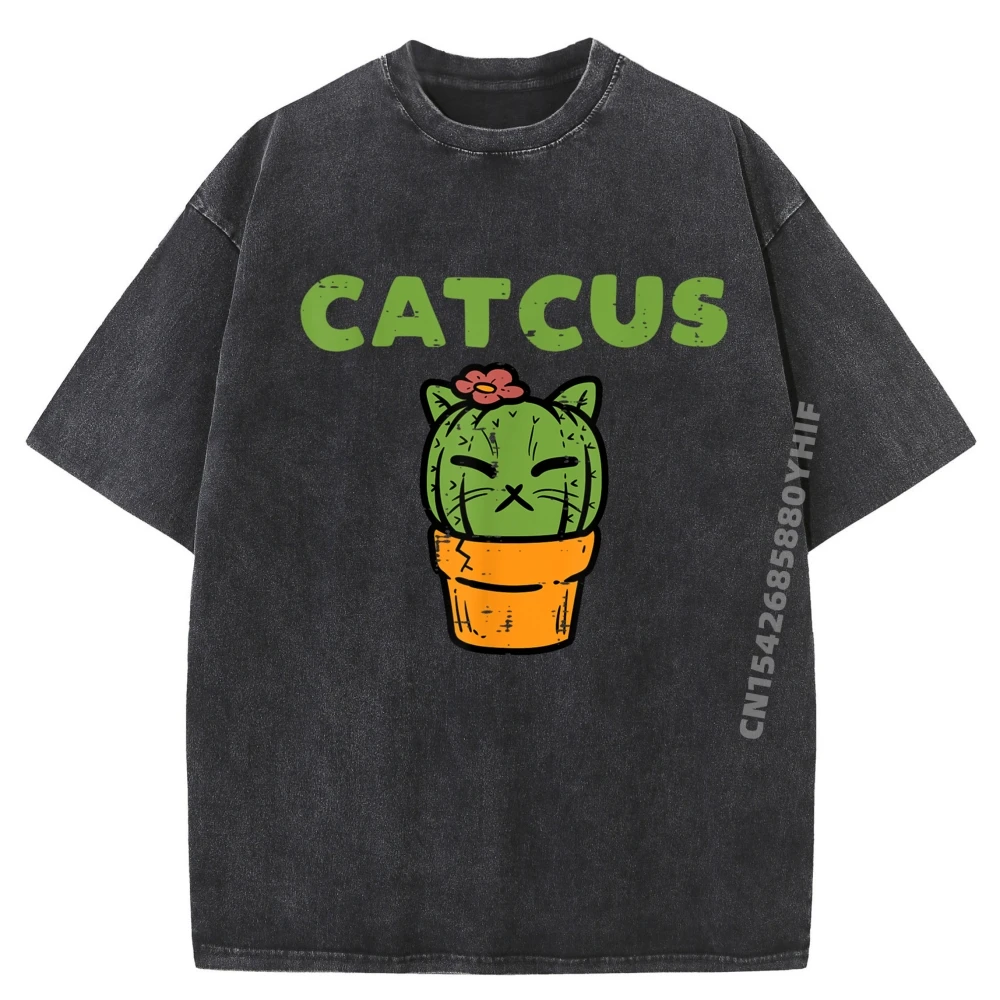 

Gift Cat Cactus Cute Succulent Plant T-Shirt Graphic Youth Tees Street Printed T-Shirt Retro Washed Shirt