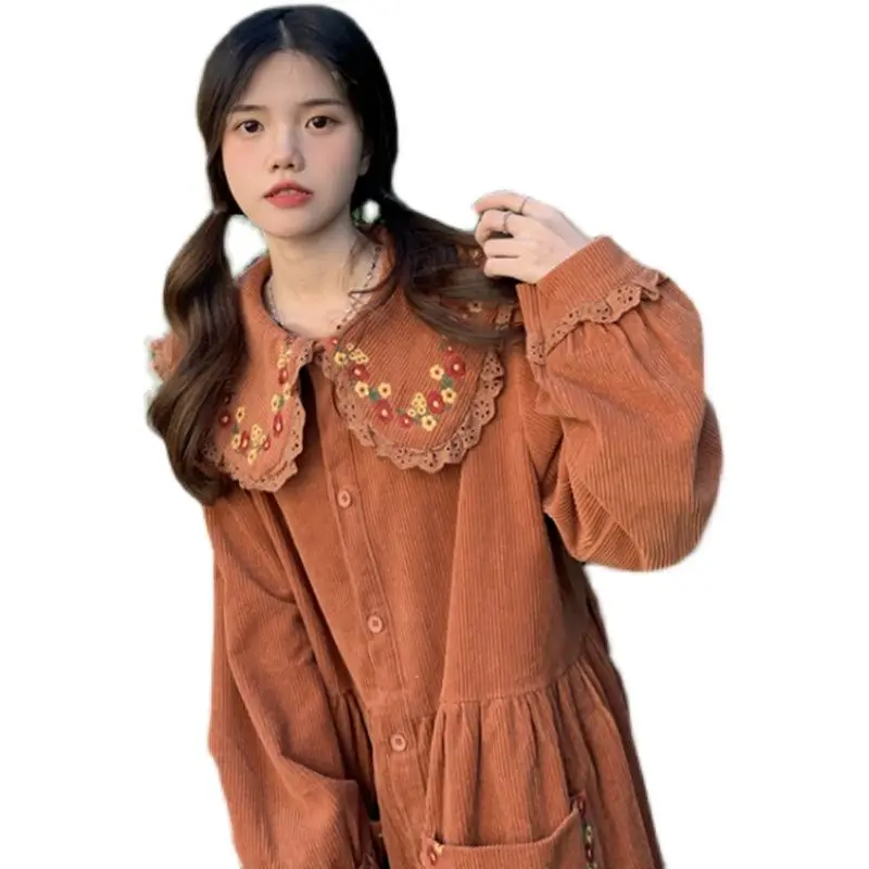 Plus Size 5XL 140KG Autumn Winter Women Corduory Dress Long Sleeve High Waist Ladies Casual Oversized Warm Embroidery Dresses