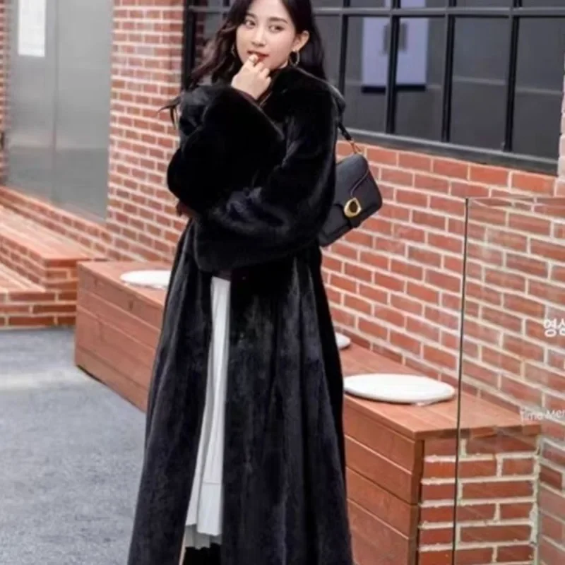 

Extended Thickening Faux Fur Coat Women Imitate Mink Fur Coats Black Loose Hooded with Belt Winter Warm Commute Women Clothing