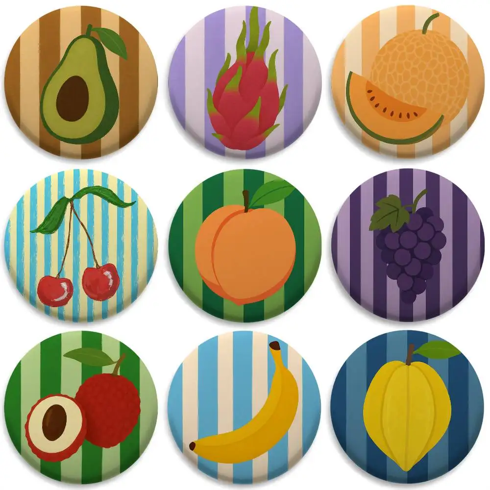 

Cute Art Cartoon Fruit Stripes Badges Round Exquisite Badge Brooches Creative Pins For Clothes Hat Backpack Gift Accessories
