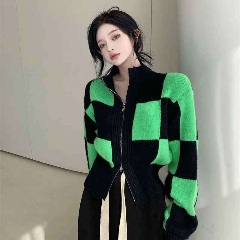 Chessboard Grid Sweater Women Green Top  Zip-up Knit cardigan Outerwear Tide