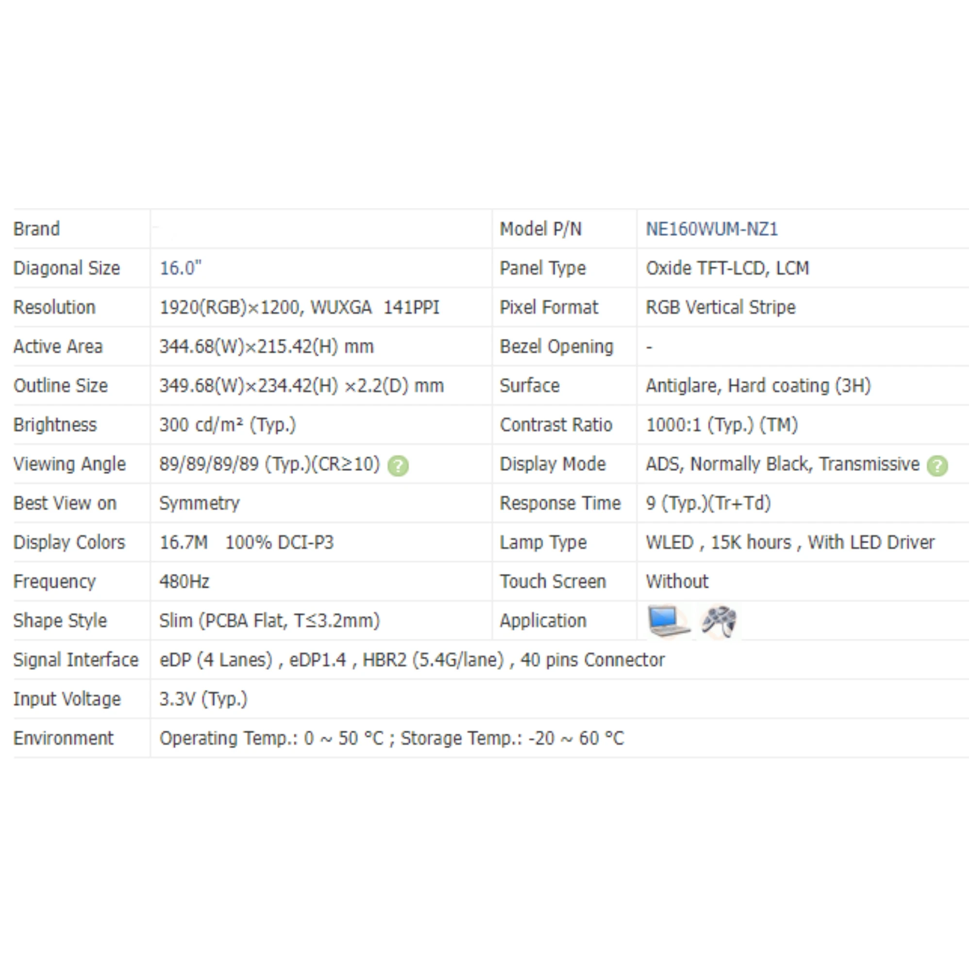 

NE160WUM-NZ1 1920x1200 480HZ 40pins 16.0 inch IPS Laptop LCD screen Replacement Display Panel Matrix EDP