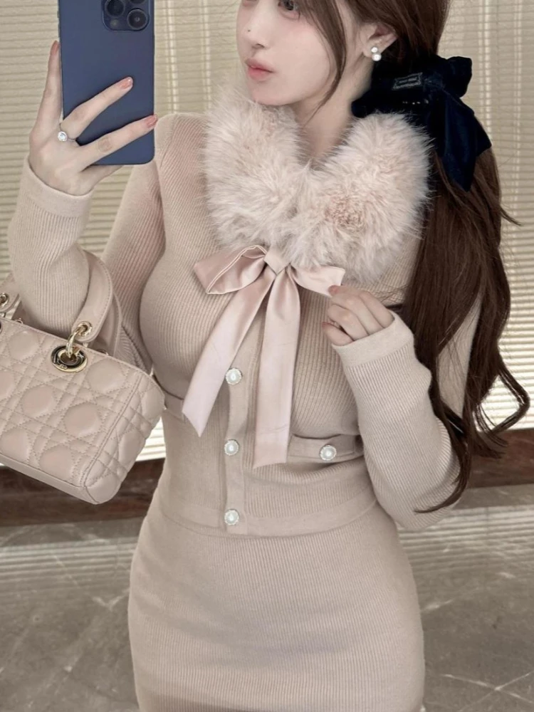 

Французский элегантный винтажный шикарный комплект из 2 предметов, женские тонкие вязаные топы с длинными рукавами и бантом + мини-юбки, японская милая розовая модная одежда