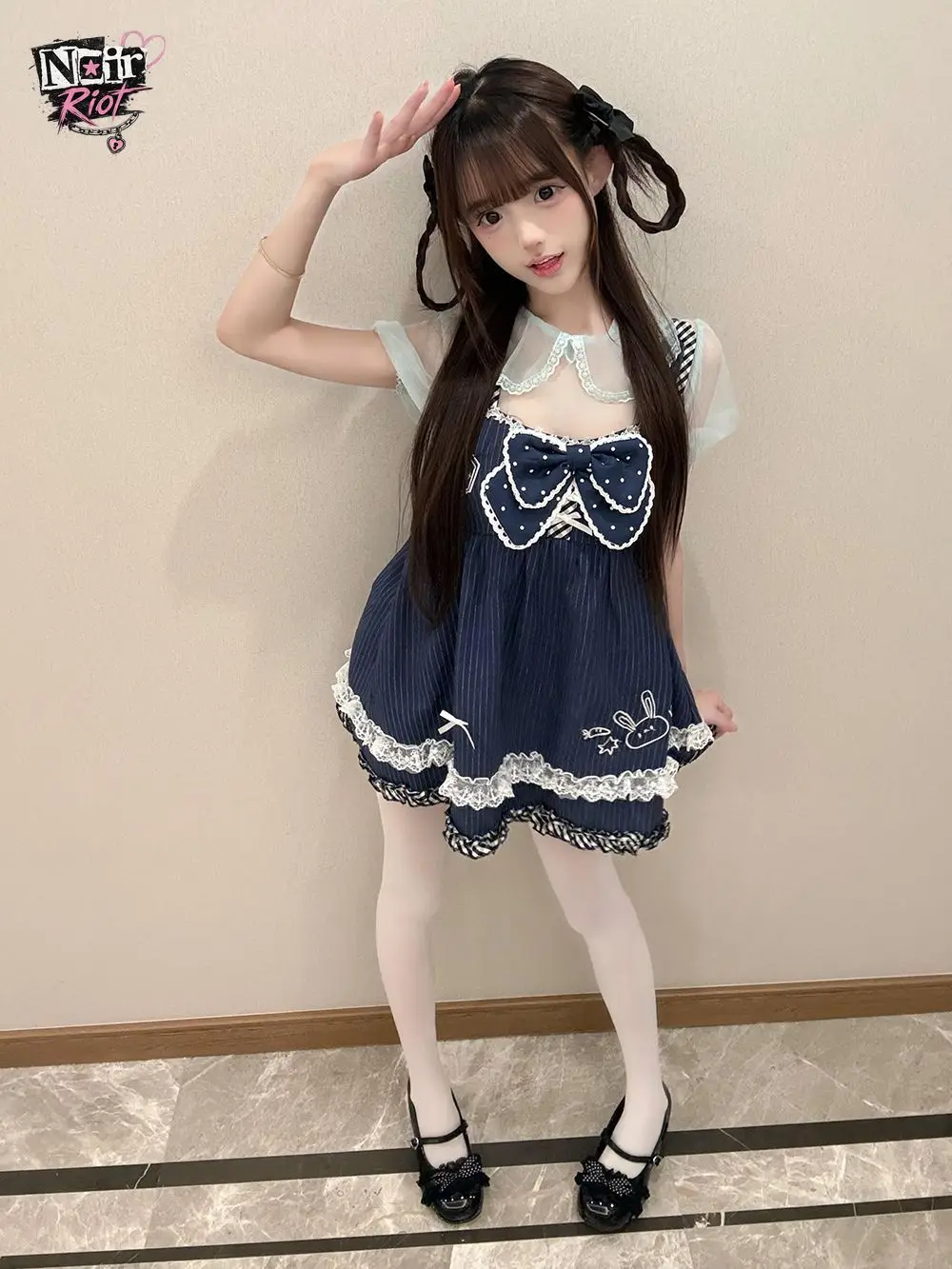 Coquette Ryousangata Japanese Subculture 2pcs Set Women Mesh Sleeve Bow Lace Rabbit Print Crop Top Skirt Harajuku Daily Outfits