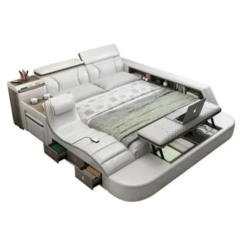 Tech Smart Bed Ultimate Camas - Multifunctional Massage Bed with Dresser Cabinet, Stool, Drawers, Storage and Bookcase