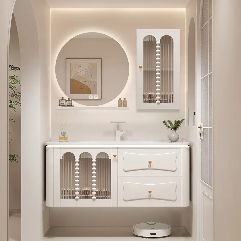 French cream wind oak paint bathroom cabinet ceramic integrated basin toilet hand wash sink bathroom cabinet combination