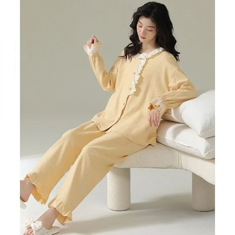 Fato de pijama de algodão de manga comprida feminino, pijama solto, loungewear, tamanho grande, primavera, outono, novo, pode ser usado lá fora, 2022