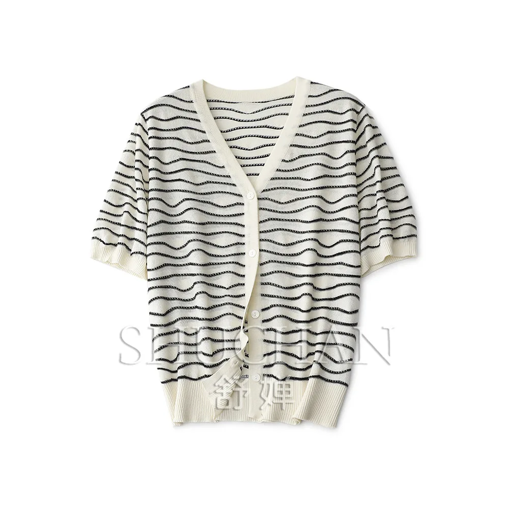 

Вязаный кардиган в полоску с V-образным вырезом — это тонкий и универсальный, дышащий, не стертый, ленивый и высококачественный свитер Sueter Mujer Invierno