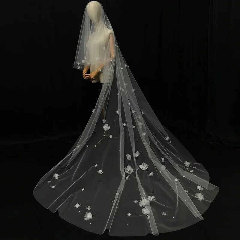 

2-слойная фата, покрывающая лицо, свадебная фата, соборный жемчуг, свадебная фата с цветами, аксессуары для свадебного платья по индивидуальному заказу