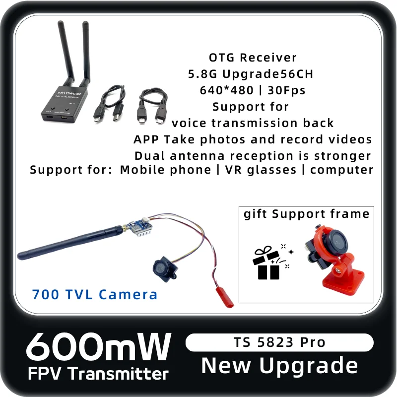 

Аналоговая передача видео 5,8G с выходной мощностью 600 МВт для канала 48, с широкоугольной камерой Двойные антенны OTG-приемник