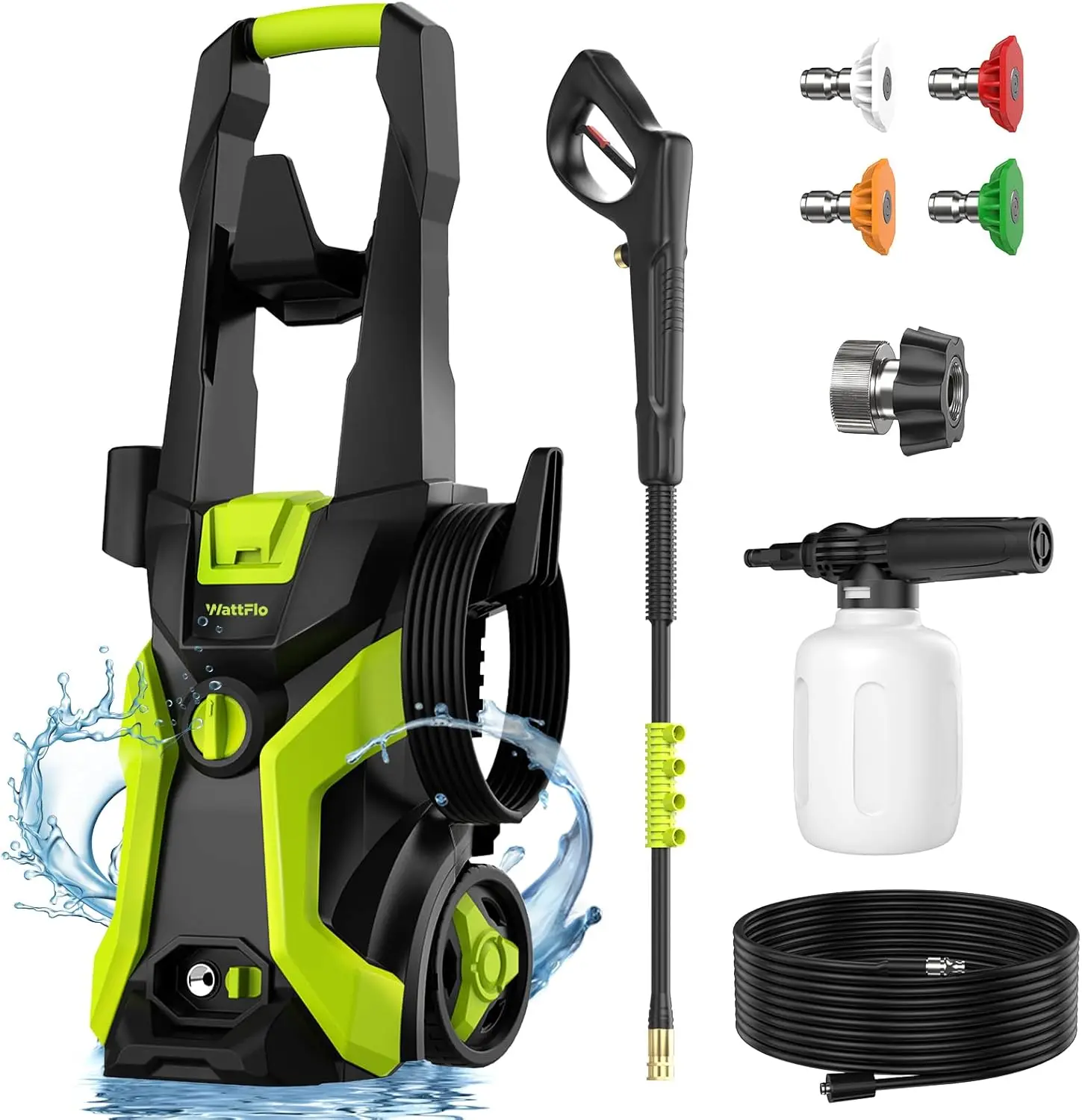 

High-Pressure Cleaning for Cars, Decks, Driveways, Homes, and Patios, Bright Green, 4 Quick-Connect Nozzles, 500ml Foam Cannon
