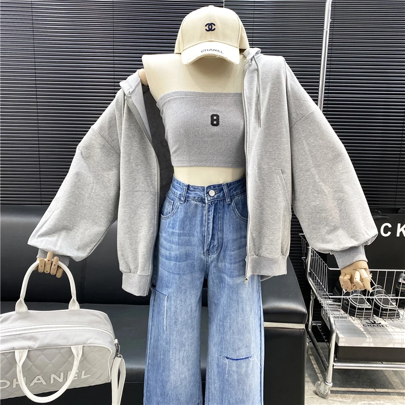 

New Brand Original Design 2022 Digital Embroidery Short Exposed Navel With Bra + Loose Casual Hoodie 2 Pieces