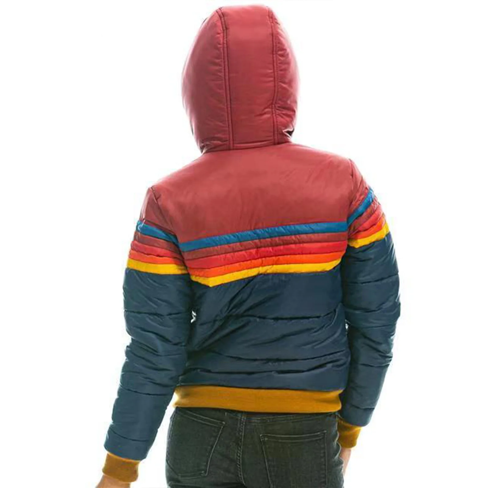 2024 Couples Fashion Rainbow Stripe Zipper Winter Jacket Man and Women\'s Casual Hooded Printed Short Cotton Jacket